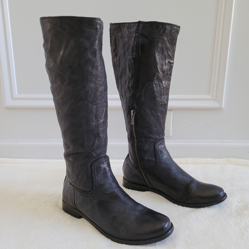 Frye Anna‎ Black Slouch Scrunch Mid Pull-On Flat Low Heel Leather Boots
